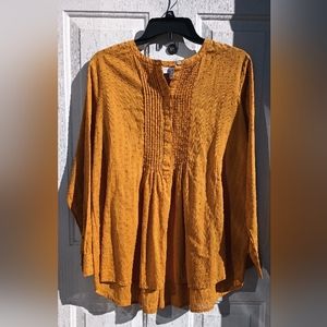 J Jill Mustard Yellow Oversized Shirt 100% Cotton Blouse Tunic Top Swiss Dot